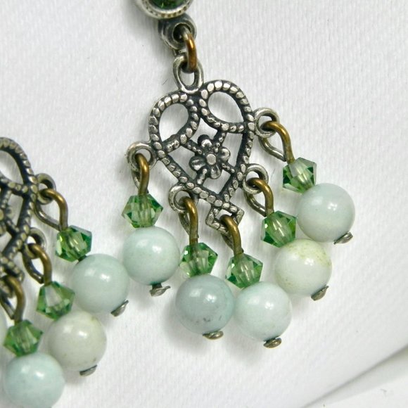 Green Crystal and Silver Dangling Earrings - Picture 3 of 5